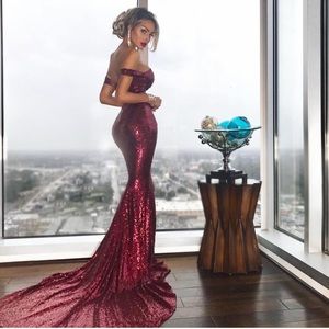 Red off the shoulder sequin gown